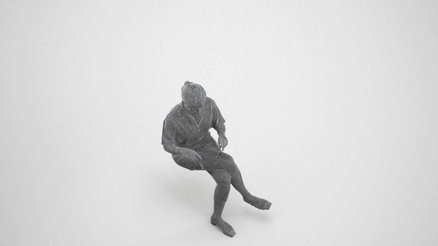 photogrammetry 3D woman casual sitting, realistic human model archviz FBX, wireframe three-quarter view