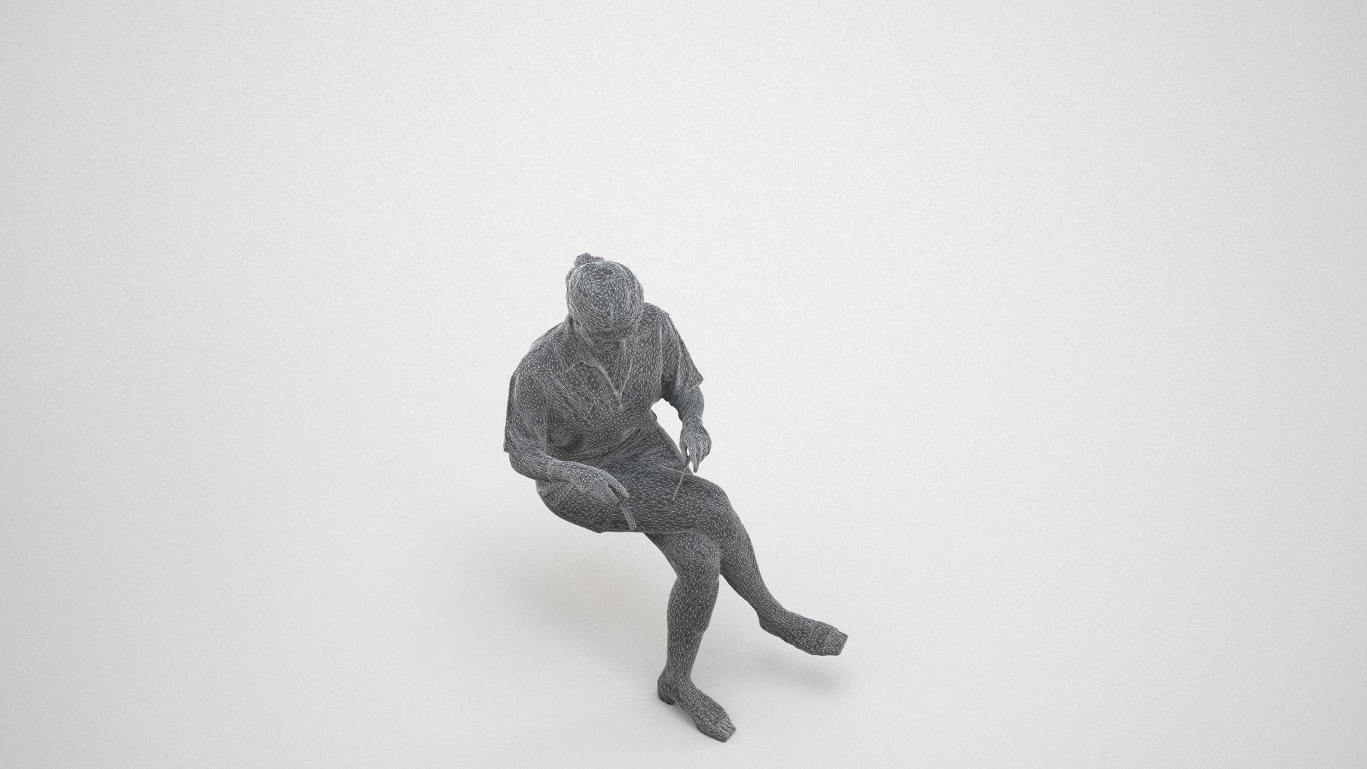 photogrammetry 3D woman casual sitting, realistic human model archviz FBX, wireframe three-quarter view