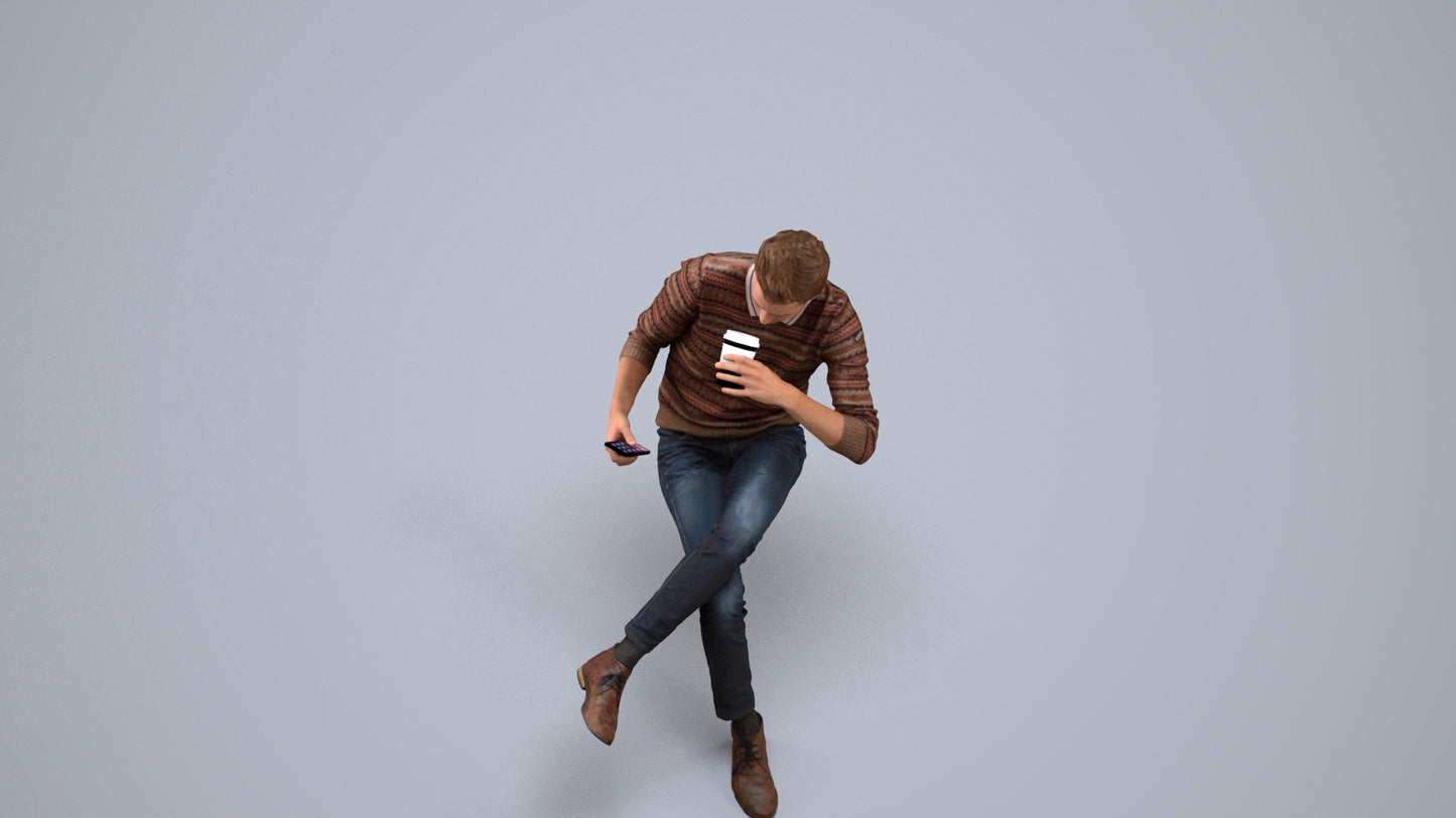 photogrammetry 3D man casual sitting, realistic human model archviz FBX, back view render