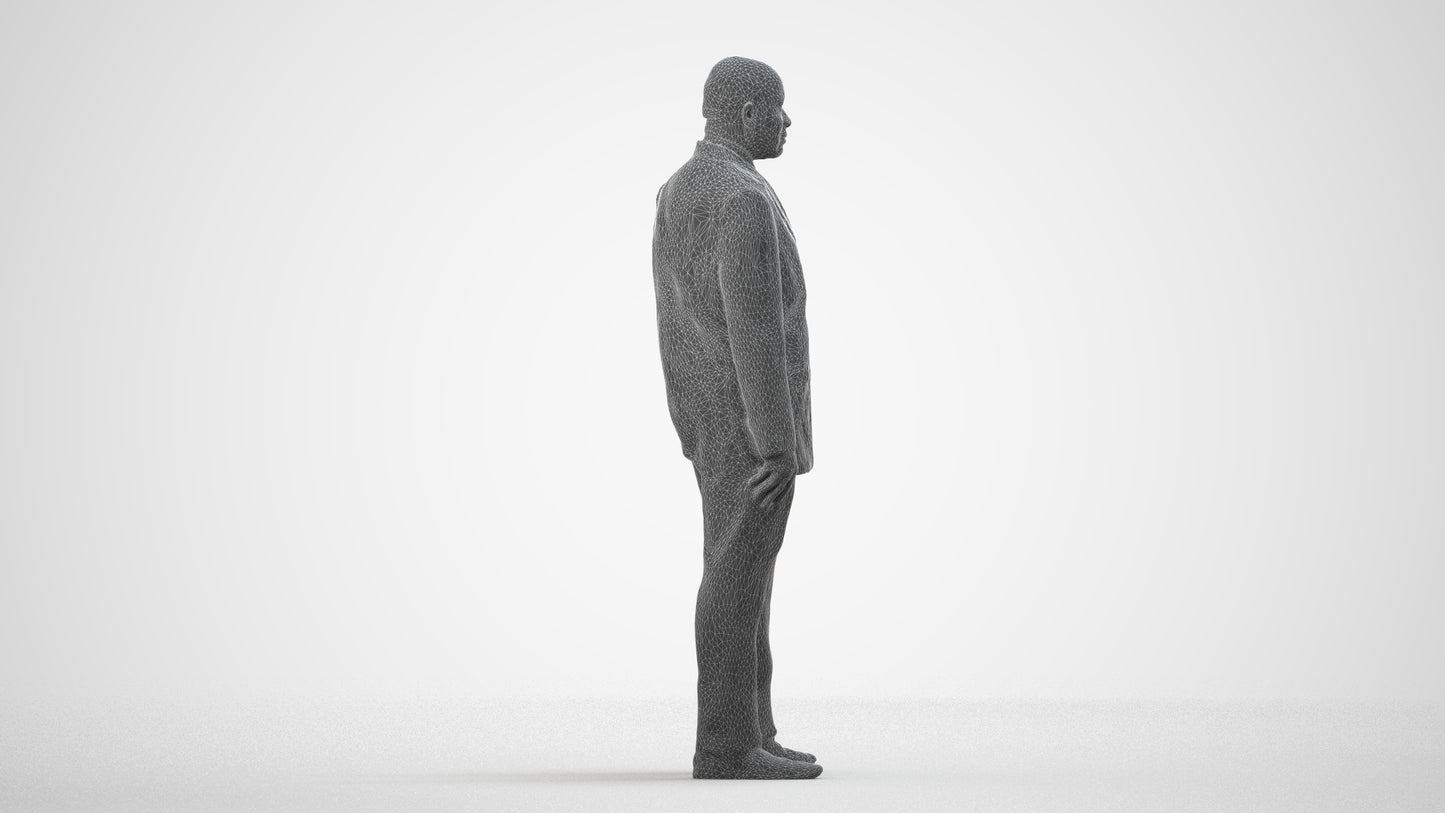 3D human model man business, photogrammetry scanned person for archviz, wireframe side view