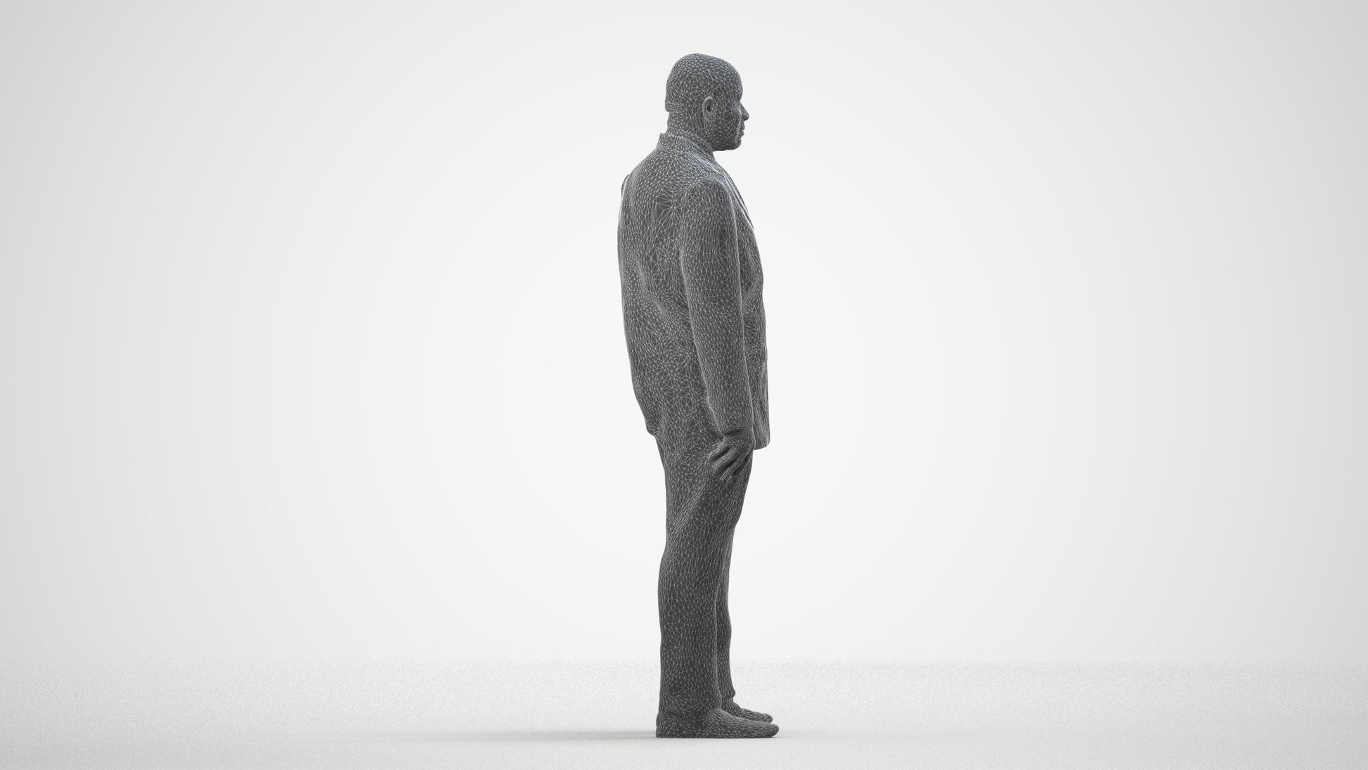 3D human model man business, photogrammetry scanned person for archviz, wireframe side view