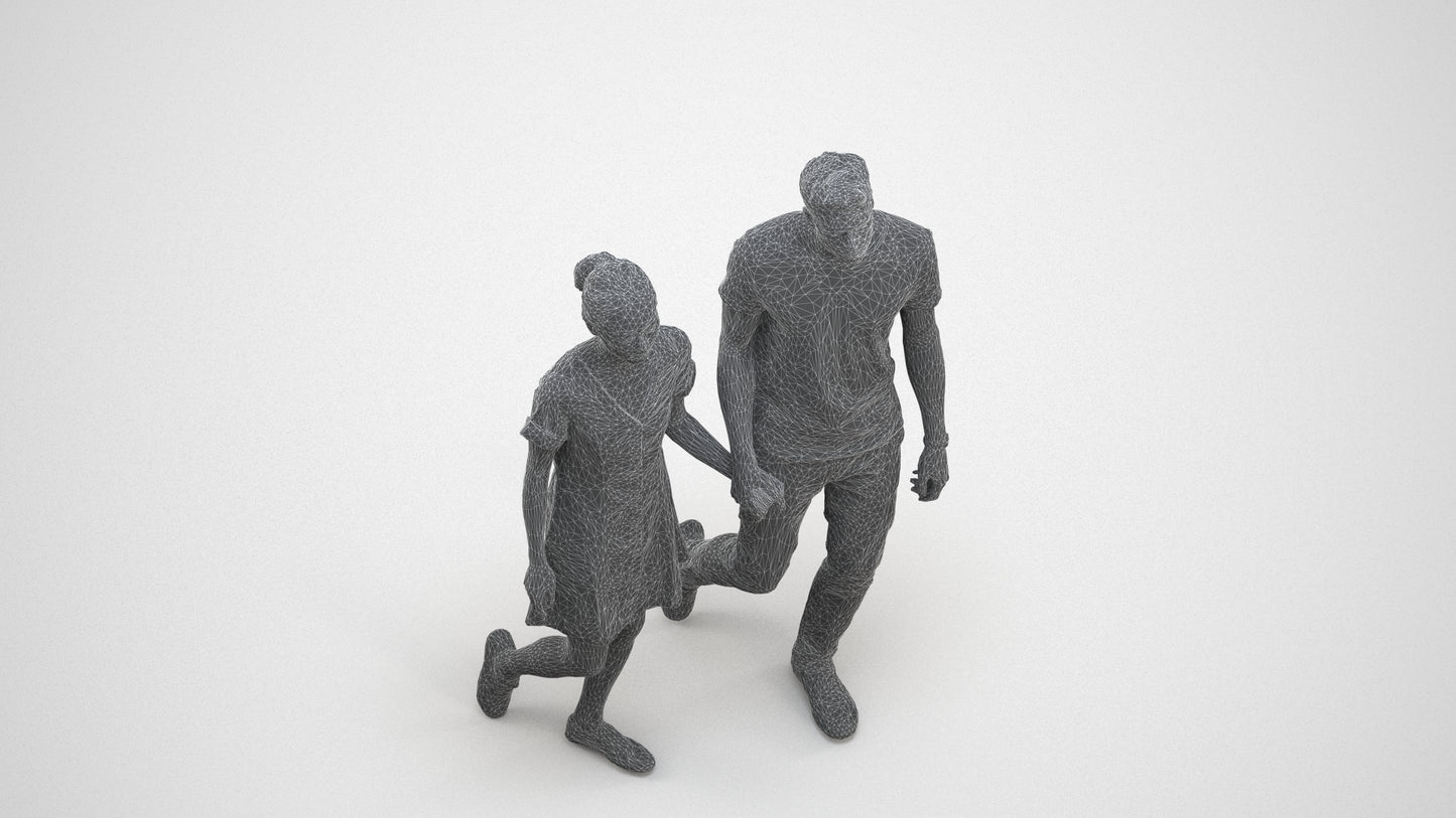 3D human model woman casual couple, photogrammetry scanned person for archviz, wireframe three-quarter view
