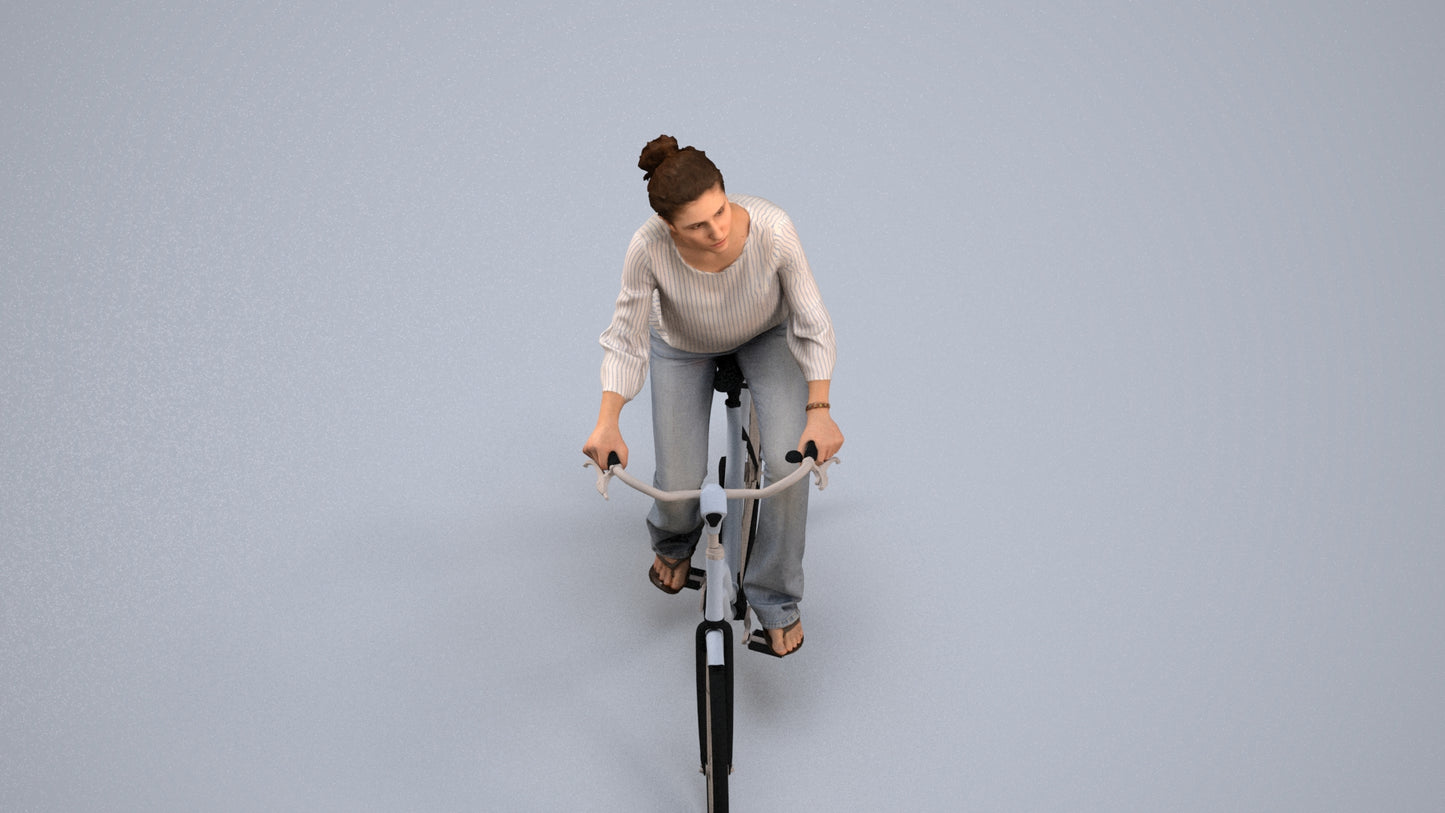 realistic 3D human woman casual cycling, archviz people FBX OBJ for Blender, back view render