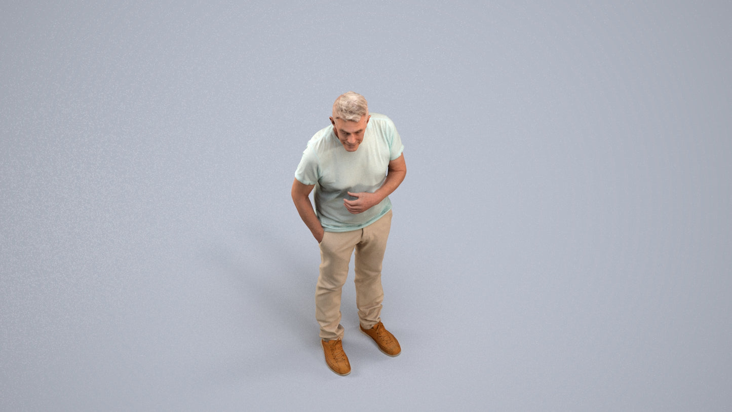 3D human model senior man casual standing, photogrammetry scanned person for archviz, back view render
