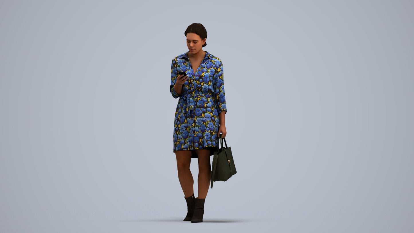 realistic 3D woman casual walking, scanned archviz people for Blender and 3ds Max, standing pose render