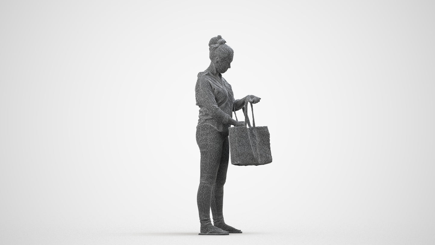 realistic 3D people woman formal shopping, render-ready for V-Ray and Corona, FBX OBJ, wireframe side view