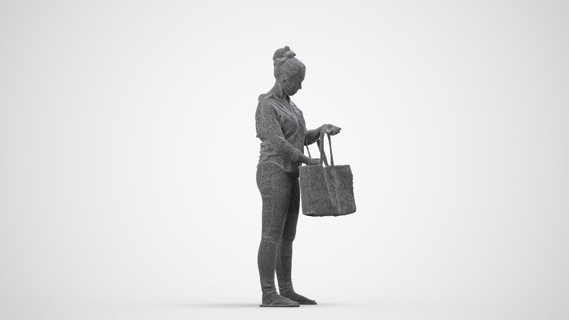 realistic 3D people woman formal shopping, render-ready for V-Ray and Corona, FBX OBJ, wireframe side view