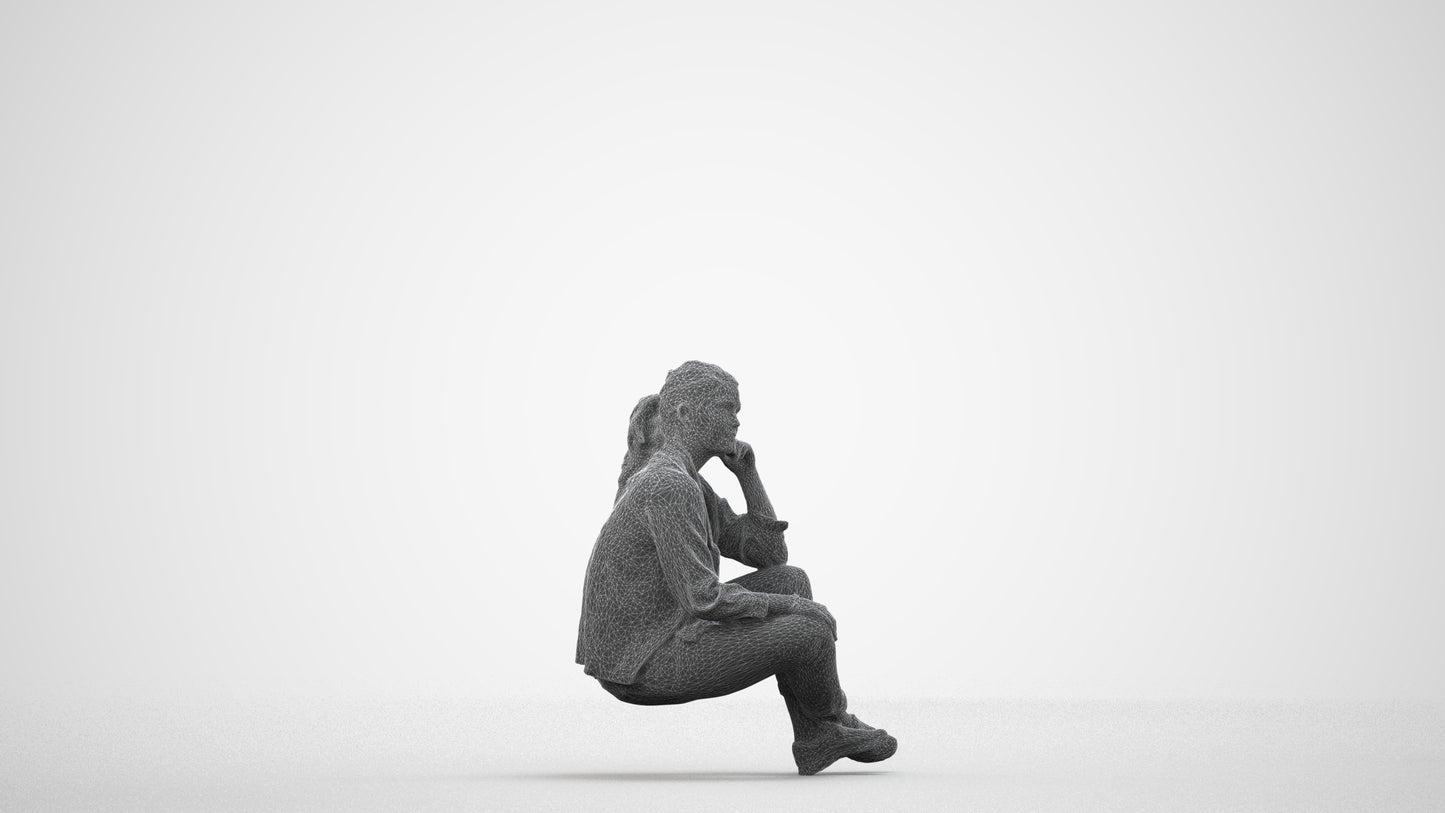 3D human model woman casual sitting, photogrammetry scanned person for archviz, wireframe side view