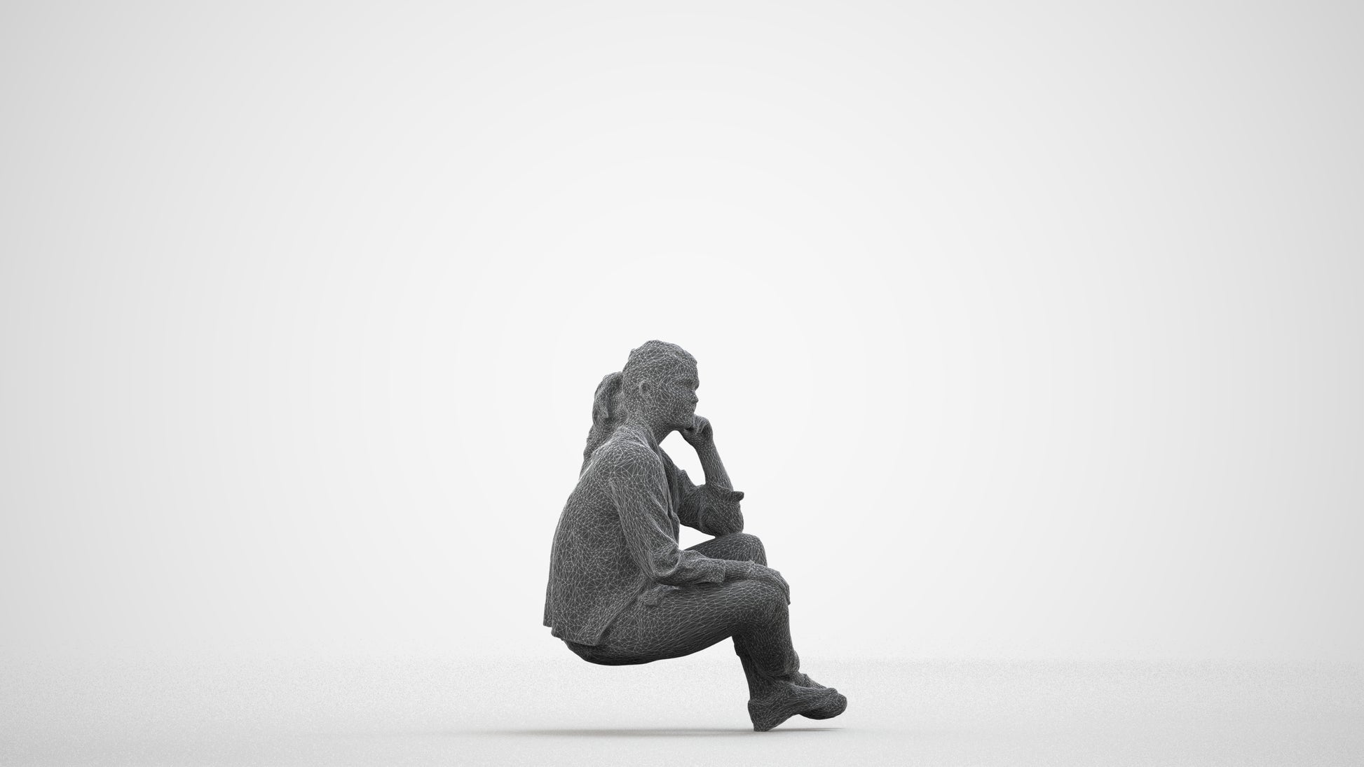 3D human model woman casual sitting, photogrammetry scanned person for archviz, wireframe side view