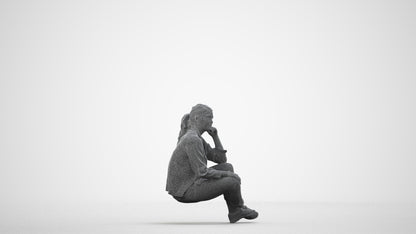 3D human model woman casual sitting, photogrammetry scanned person for archviz, wireframe side view