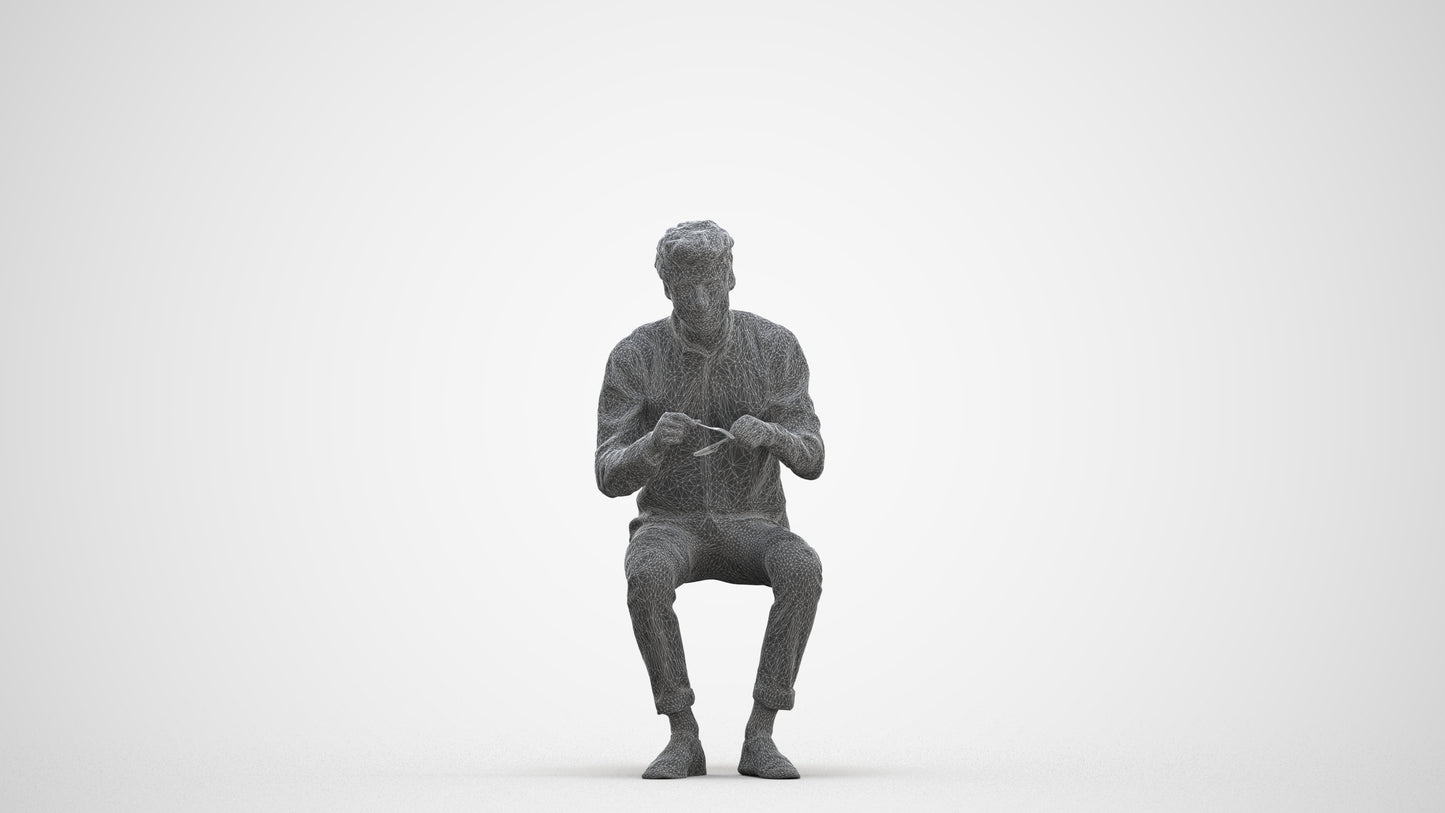 scanned 3D man casual sitting, photogrammetry people for Enscape and V-Ray, three-quarter front view render