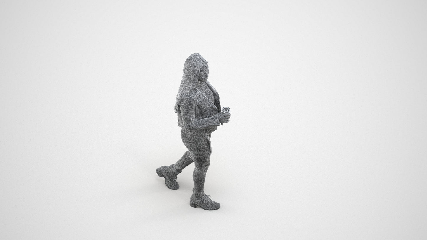 realistic 3D people woman casual walking, render-ready for V-Ray and Corona, FBX OBJ, wireframe three-quarter view