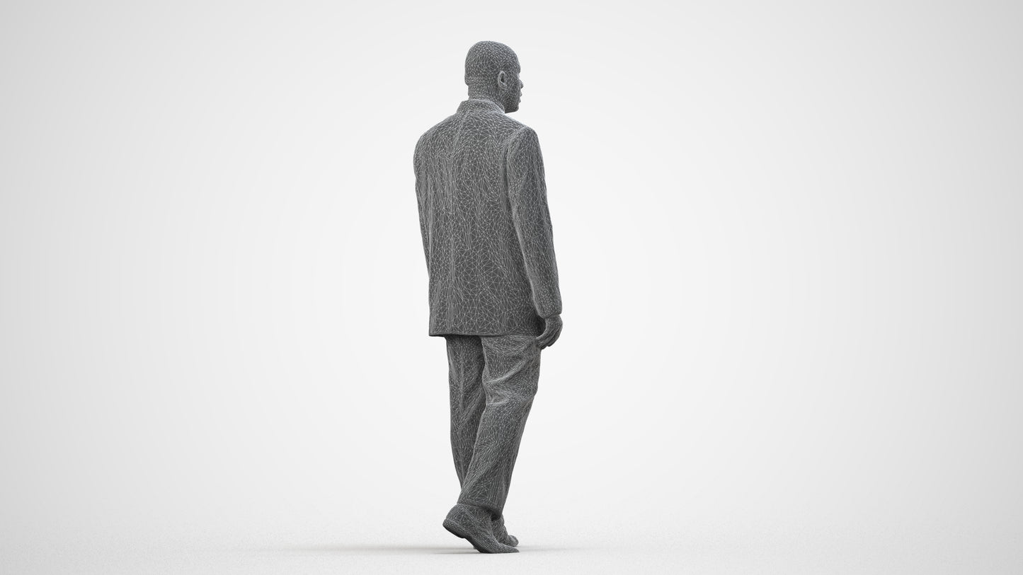 3D scanned man walking business, photorealistic archviz people for Enscape and SketchUp, wireframe side view
