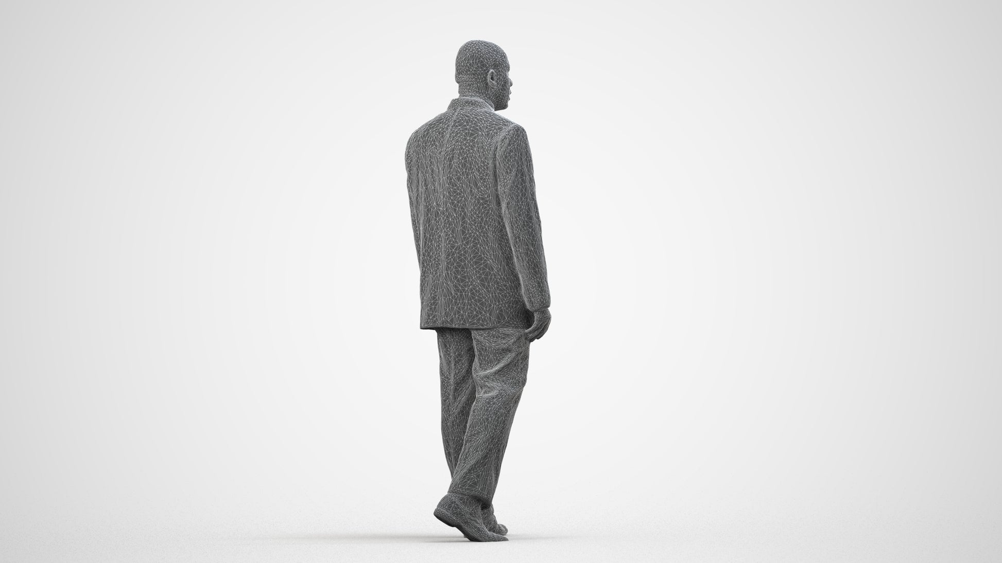 3D scanned man walking business, photorealistic archviz people for Enscape and SketchUp, wireframe side view