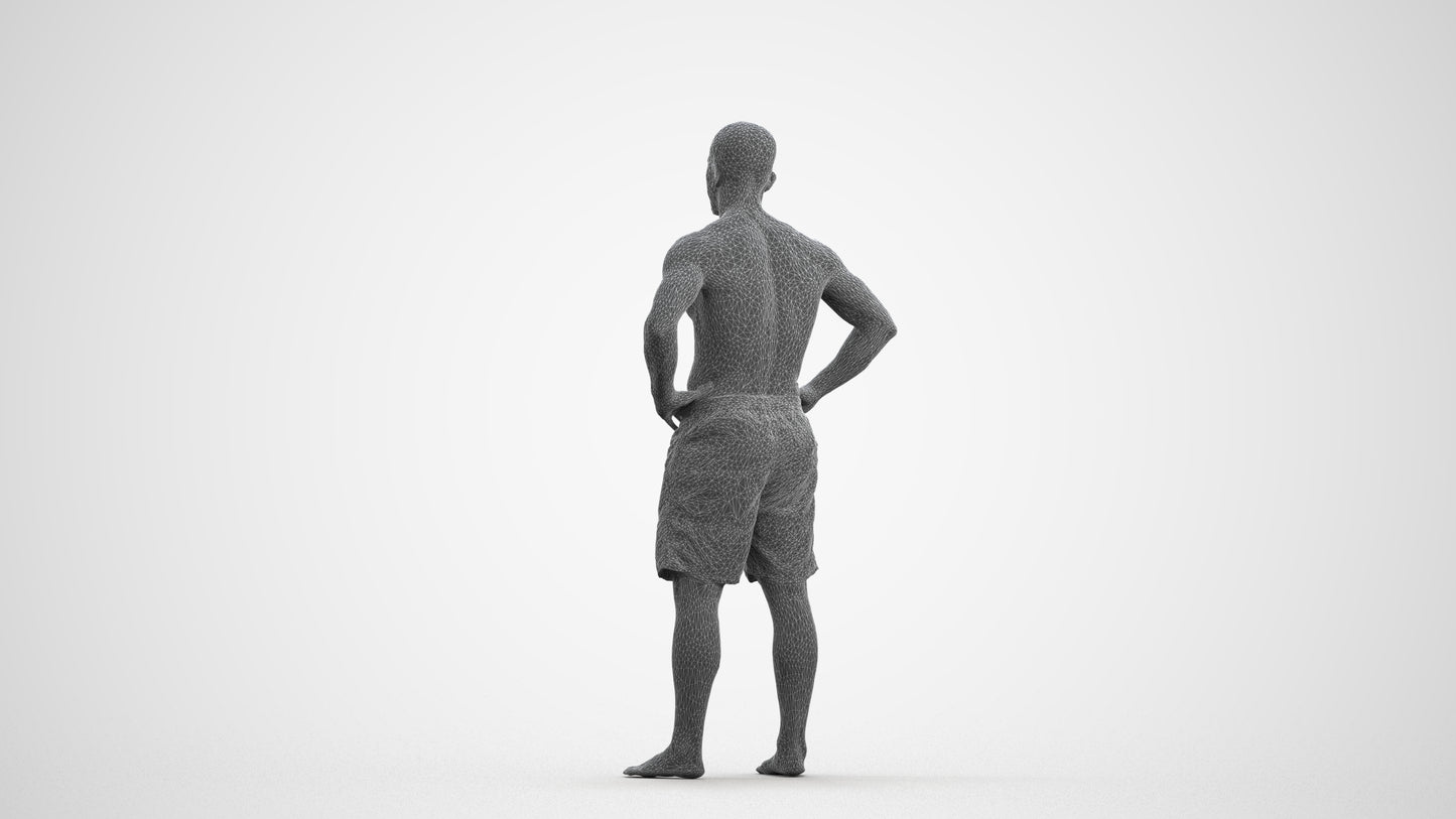 realistic 3D human man pool, archviz people FBX OBJ for Blender, wireframe front view