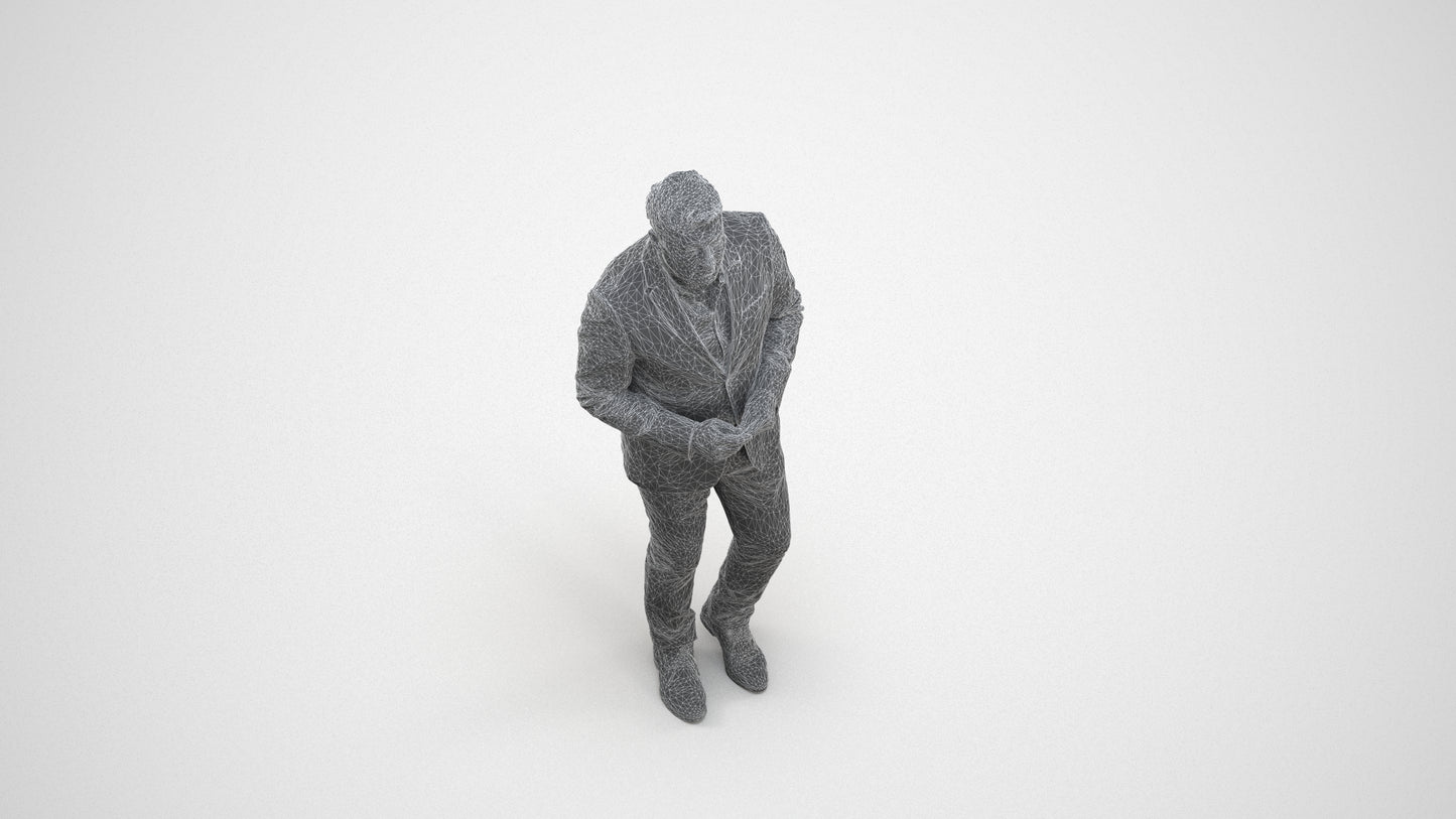 realistic 3D human man business standing, archviz people FBX OBJ for Blender, wireframe three-quarter view