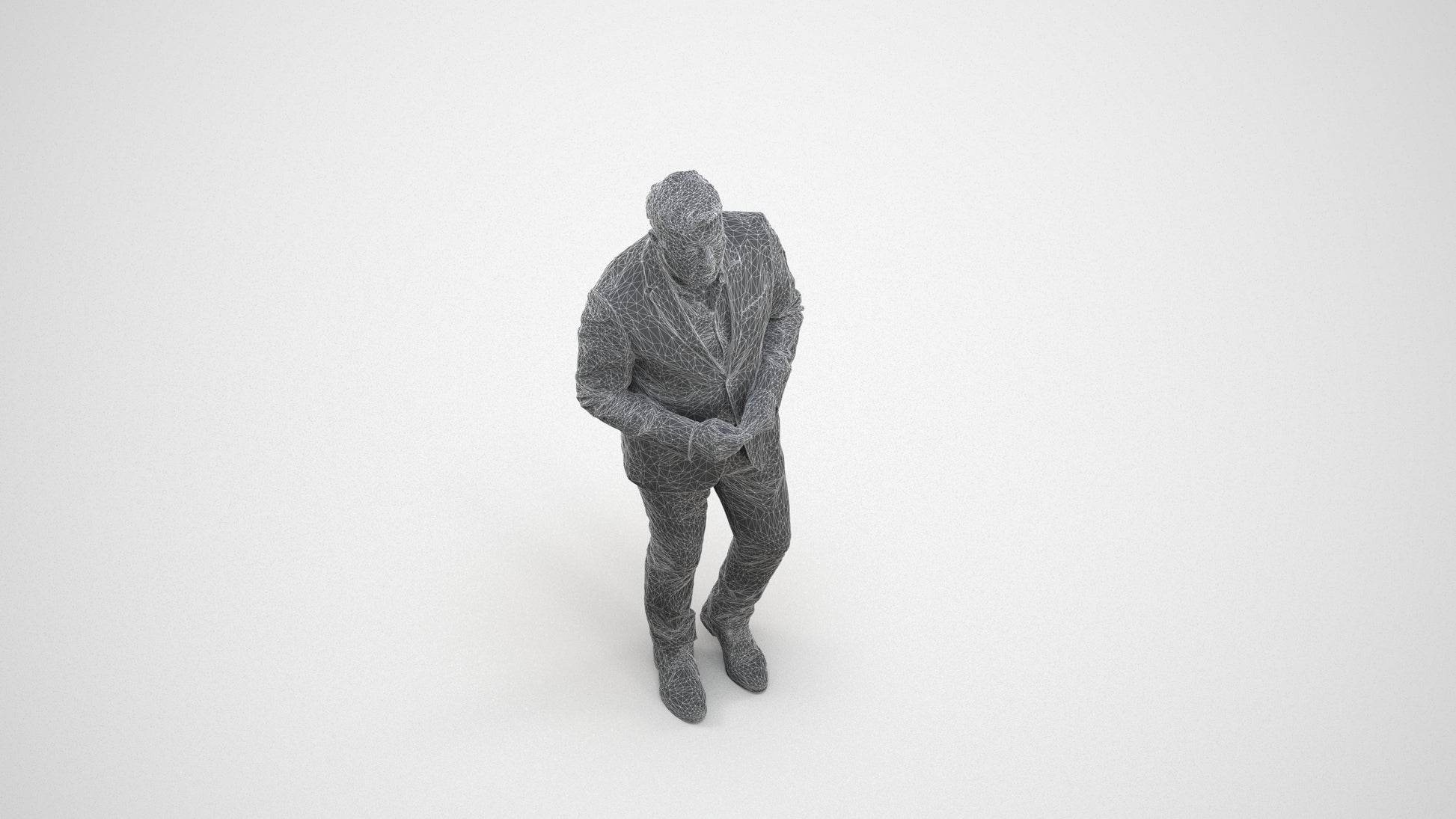 realistic 3D human man business standing, archviz people FBX OBJ for Blender, wireframe three-quarter view