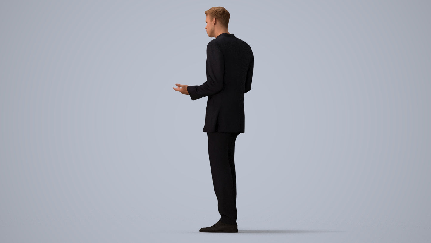 3D human model man business, photogrammetry scanned person for archviz, three-quarter view render