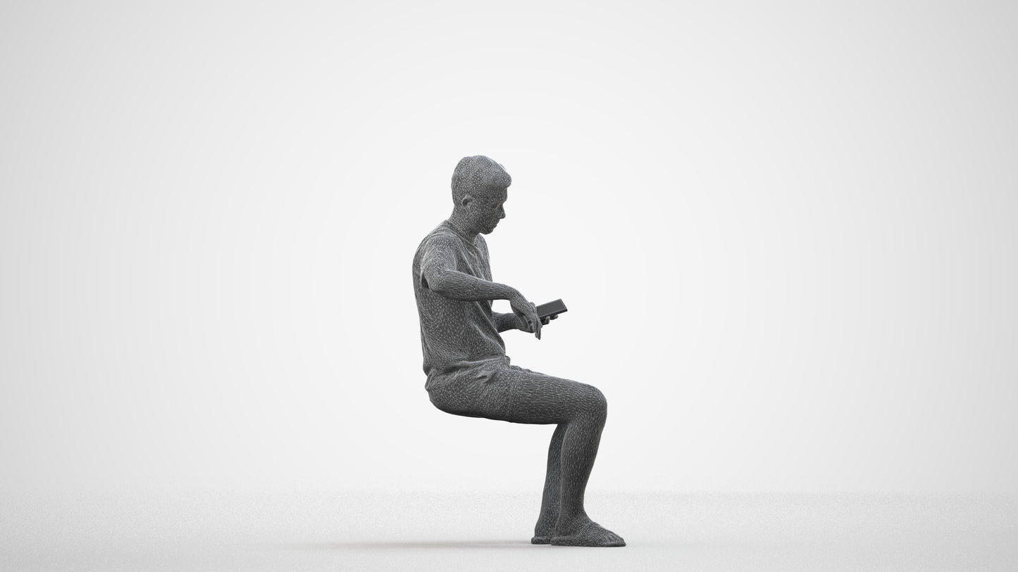 realistic 3D man casual sitting, scanned archviz people for Blender and 3ds Max, wireframe side view