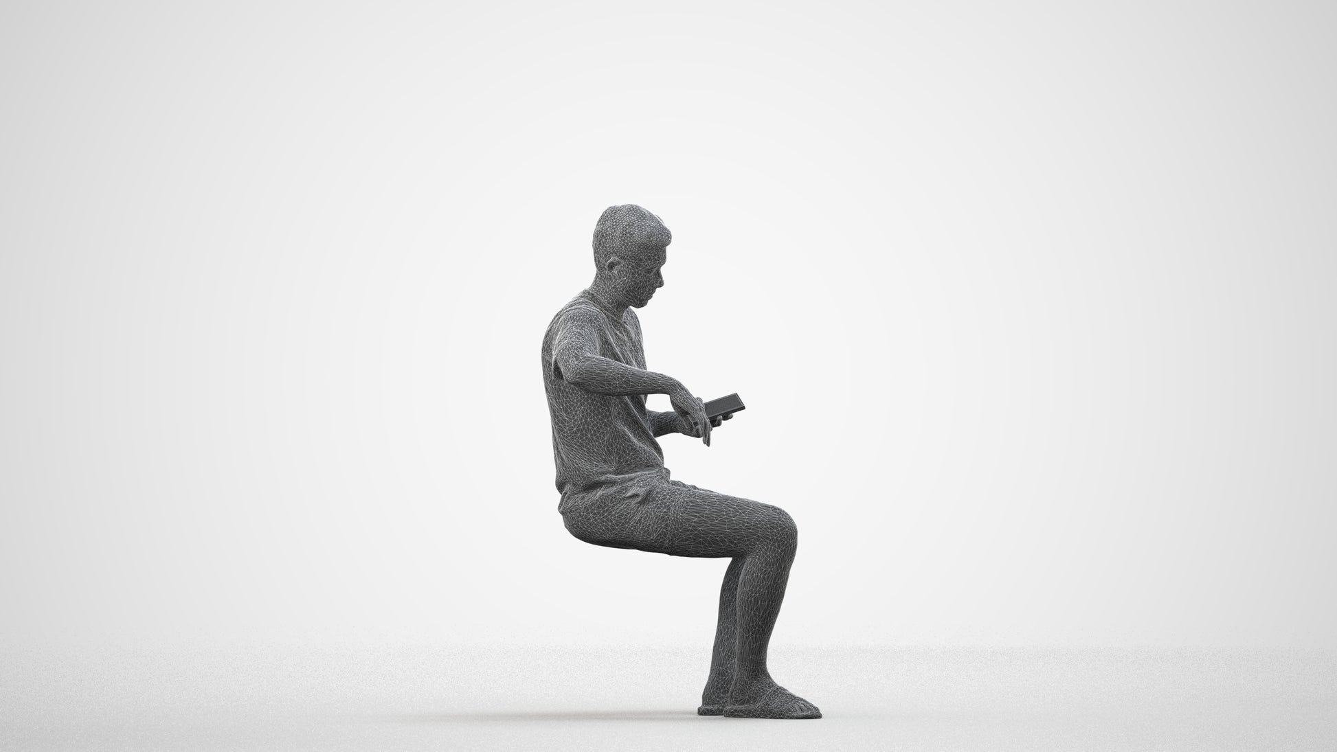 realistic 3D man casual sitting, scanned archviz people for Blender and 3ds Max, wireframe side view