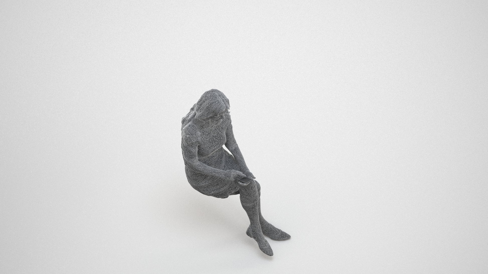 realistic 3D senior woman casual sitting, scanned archviz people for Blender and 3ds Max, wireframe three-quarter view