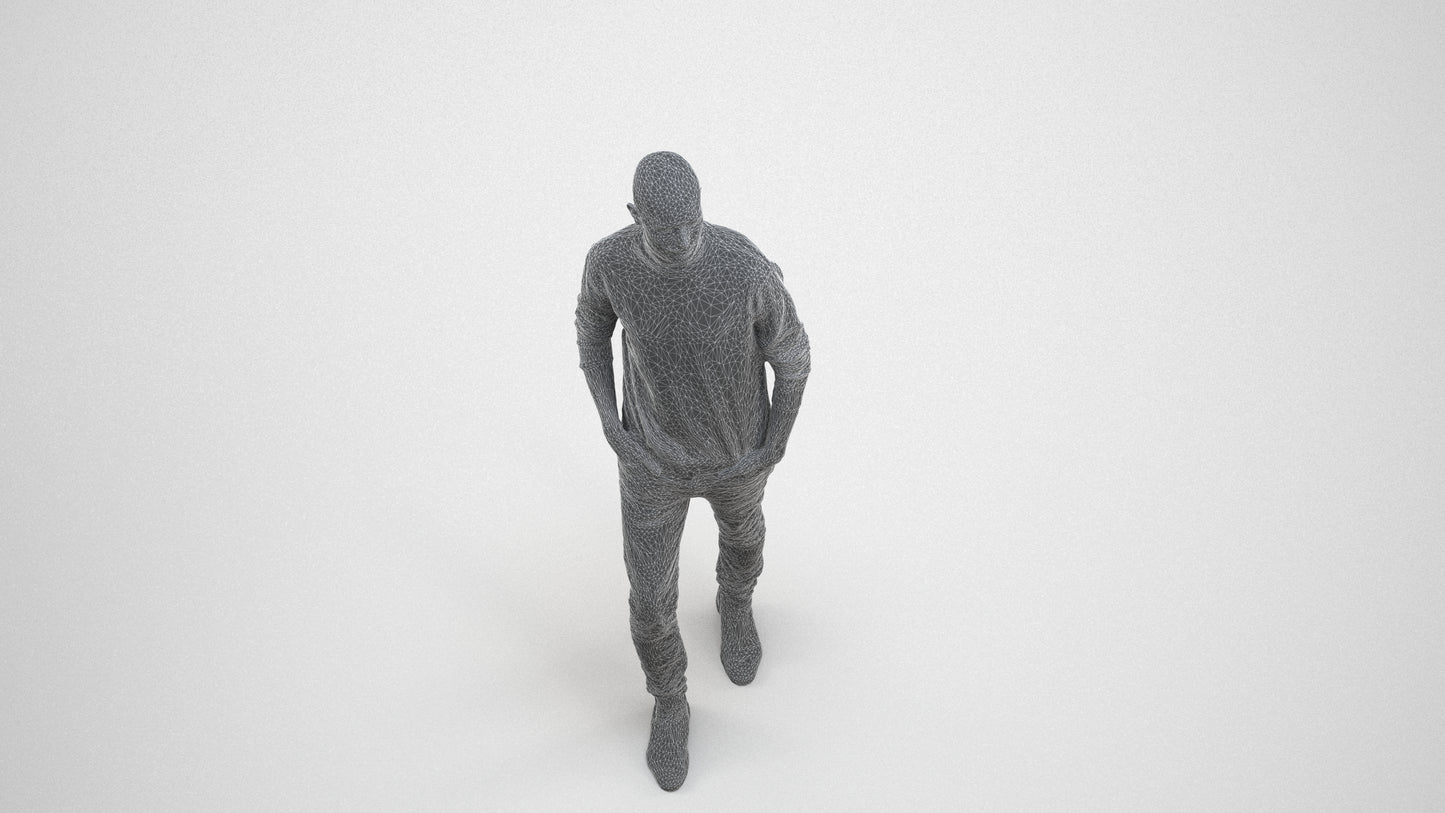 photogrammetry 3D man casual walking, realistic human model archviz FBX, wireframe three-quarter view