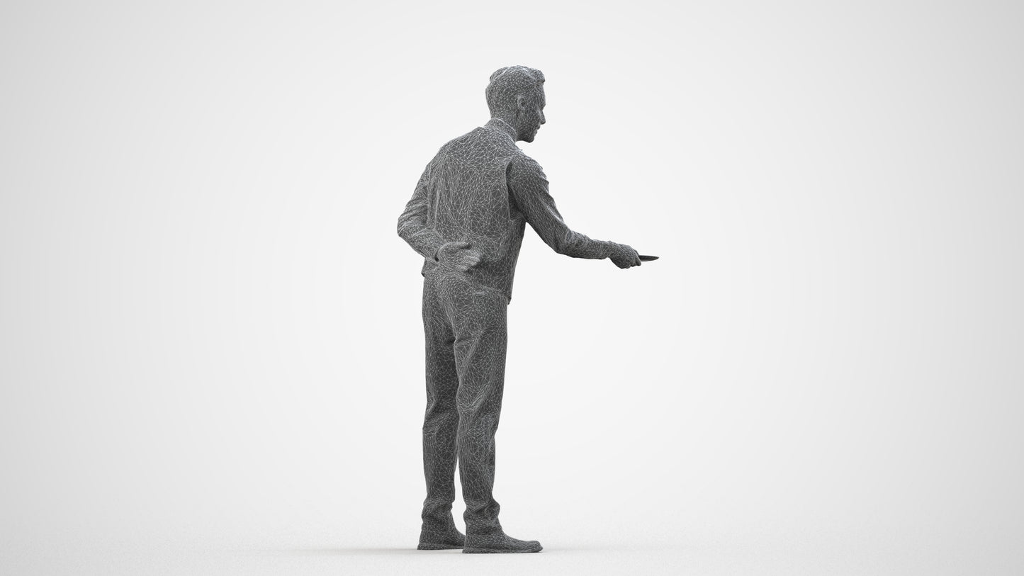 3D people model man hospitality, scanned human for 3ds Max rendering, wireframe side view