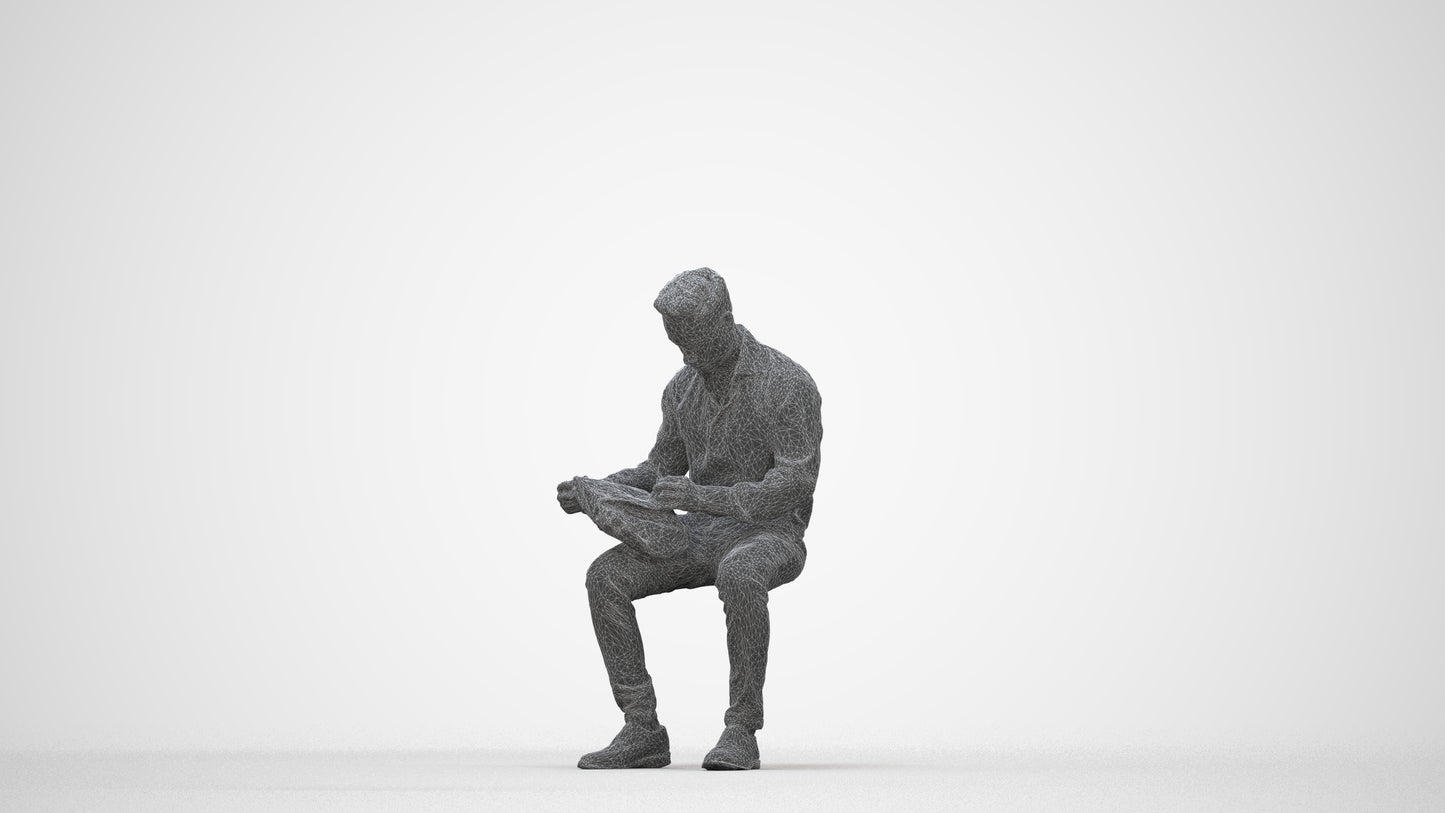 photogrammetry 3D man business sitting, realistic human model archviz FBX, wireframe back view