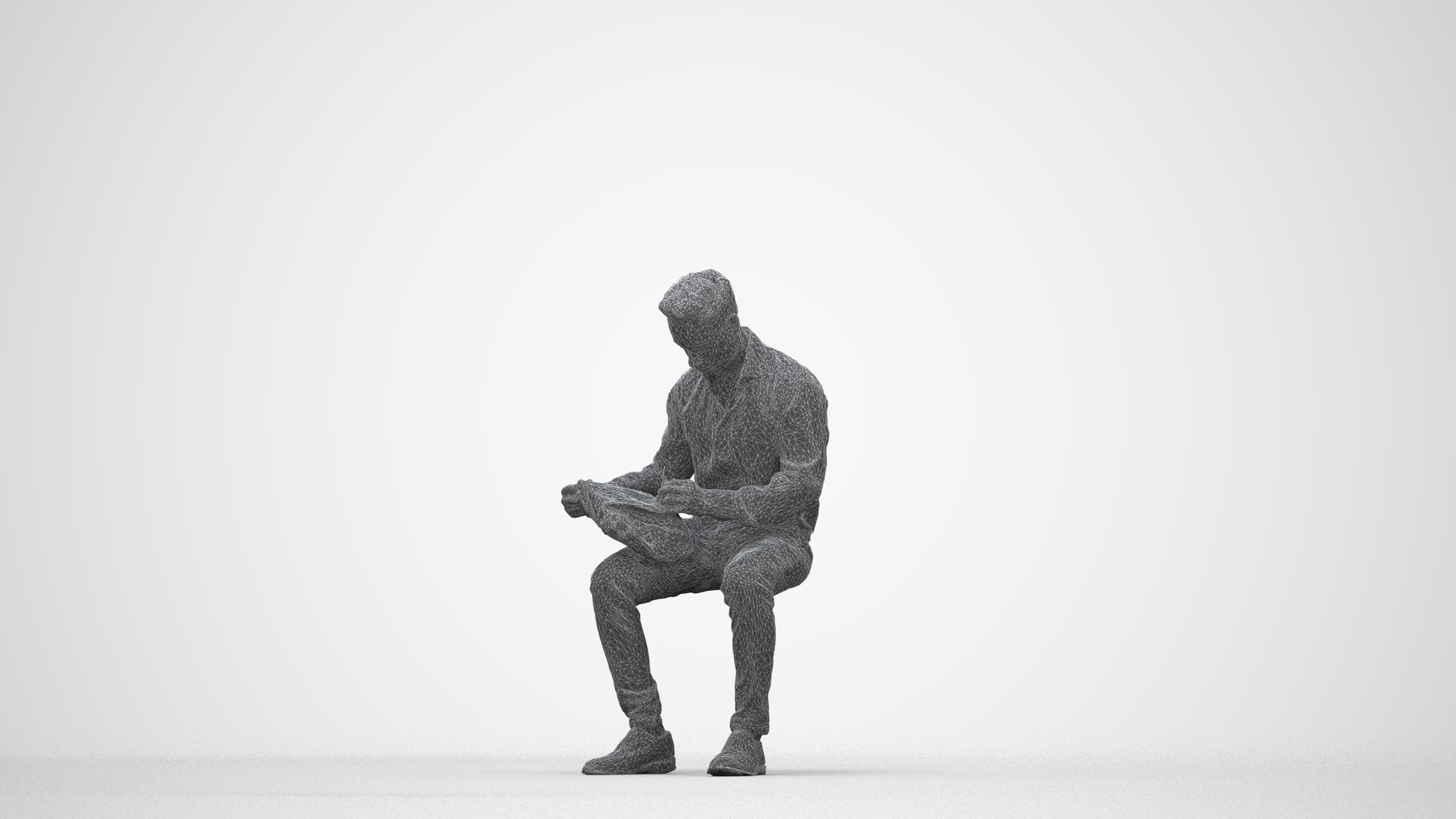 photogrammetry 3D man business sitting, realistic human model archviz FBX, wireframe back view