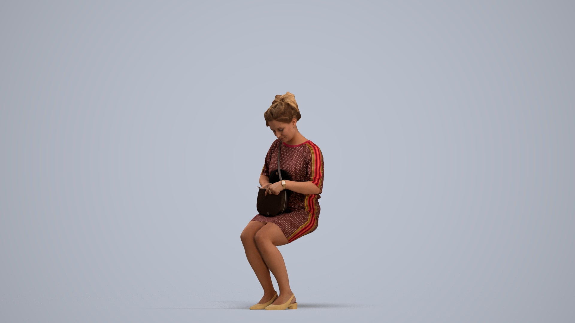3D scanned woman sitting casual, photorealistic archviz people for Enscape and SketchUp, standing pose render