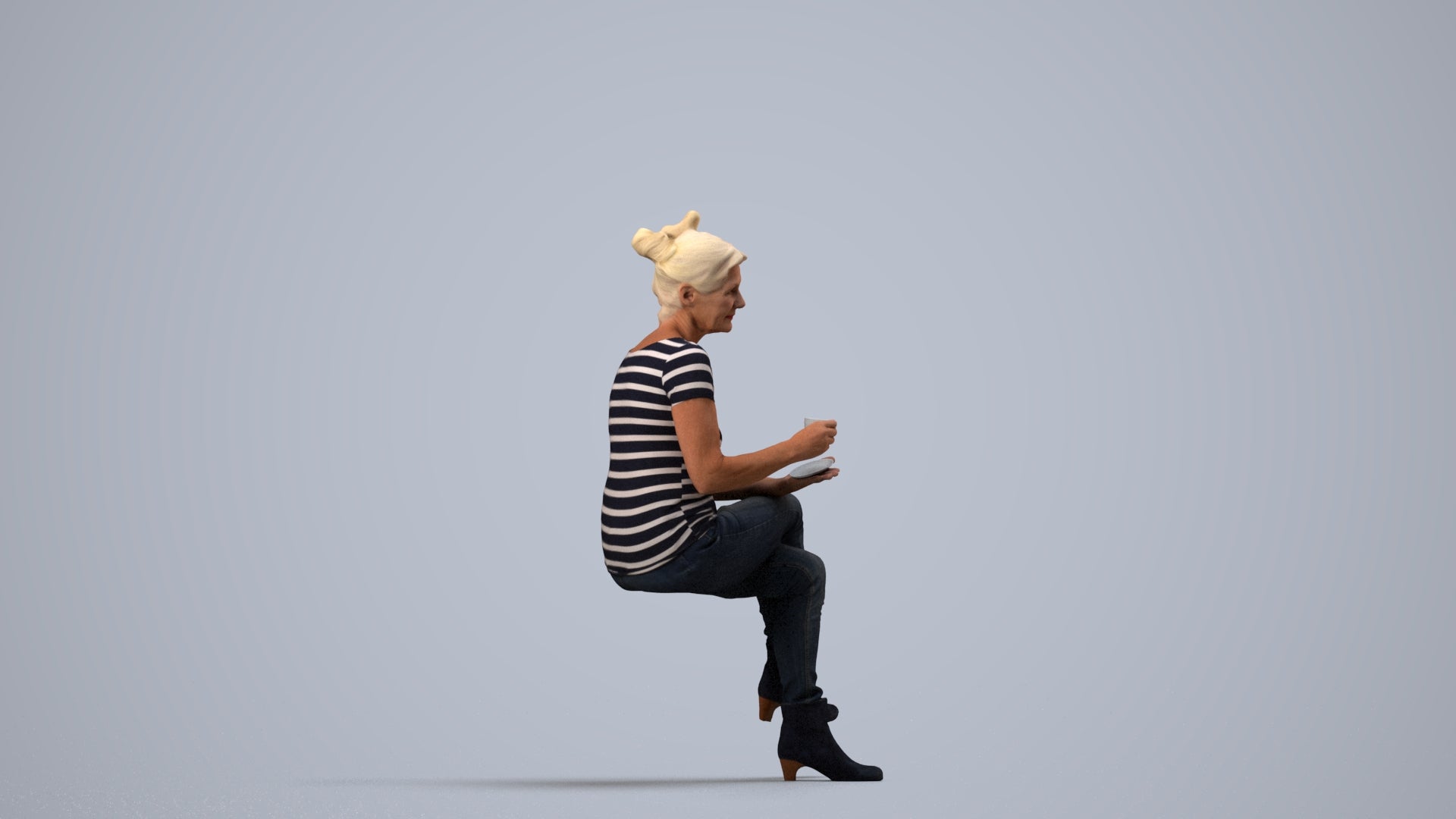realistic 3D people senior woman casual sitting, render-ready for V-Ray and Corona, FBX OBJ, side view render