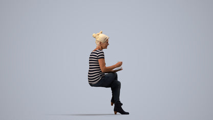 realistic 3D people senior woman casual sitting, render-ready for V-Ray and Corona, FBX OBJ, side view render