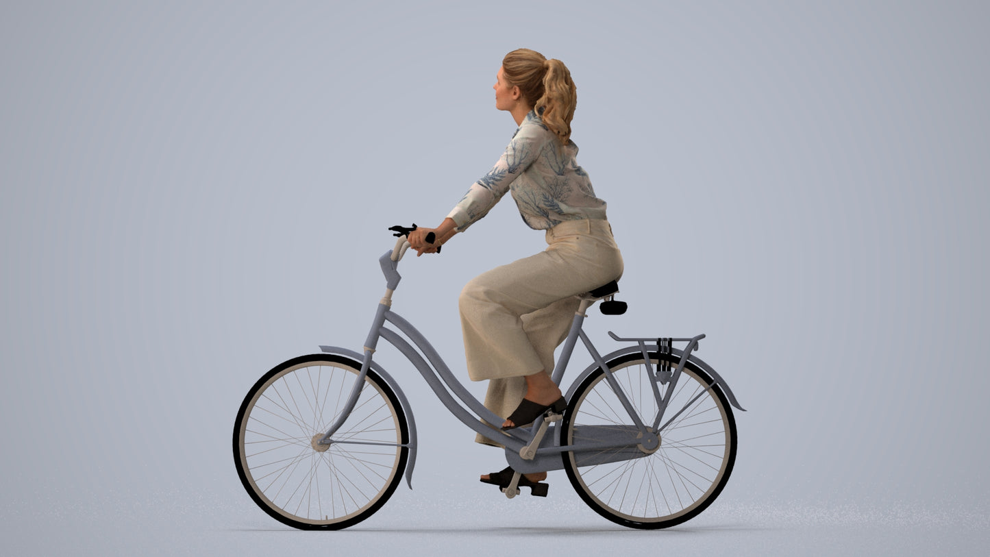 3D scanned woman cycling casual, photorealistic archviz people for Enscape and SketchUp, three-quarter view render