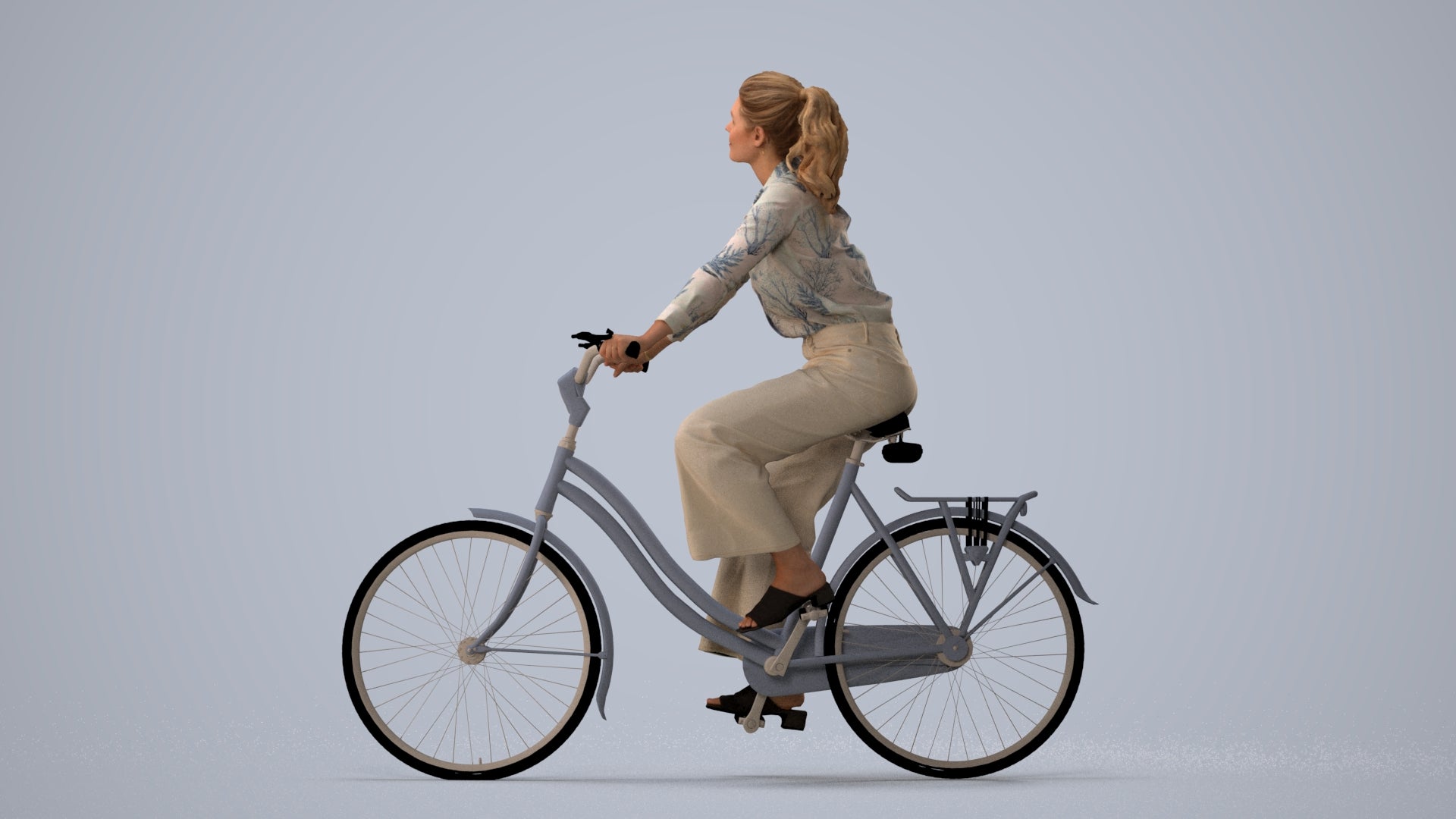 3D scanned woman cycling casual, photorealistic archviz people for Enscape and SketchUp, three-quarter view render
