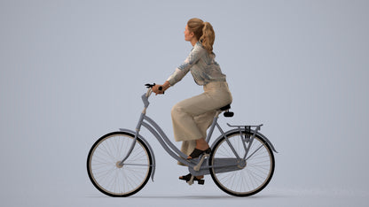 3D scanned woman cycling casual, photorealistic archviz people for Enscape and SketchUp, three-quarter view render