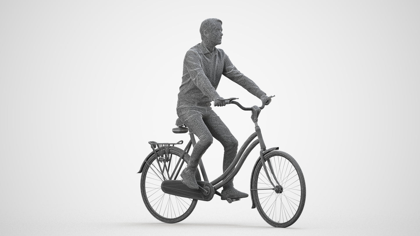 3D scanned man cycling business, photorealistic archviz people for Enscape and SketchUp, wireframe side view