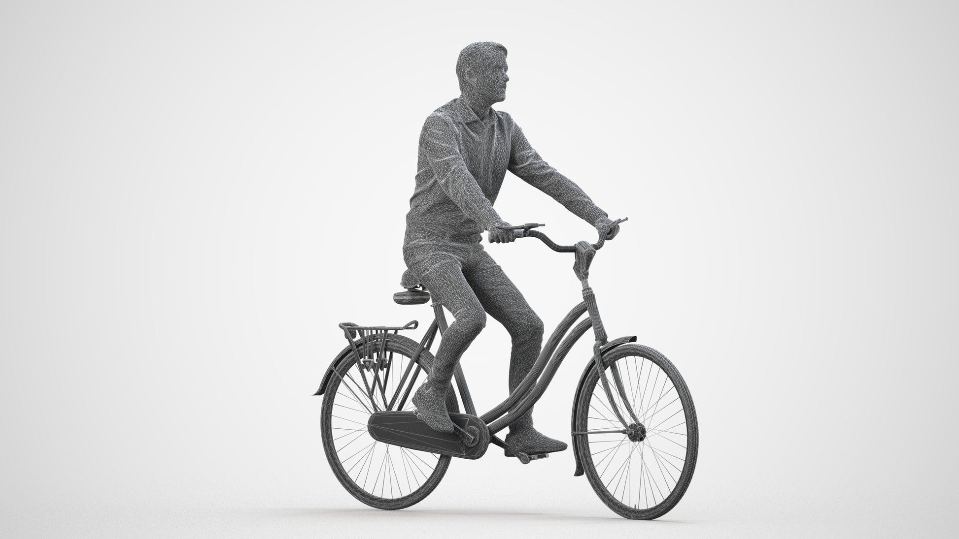 3D scanned man cycling business, photorealistic archviz people for Enscape and SketchUp, wireframe side view