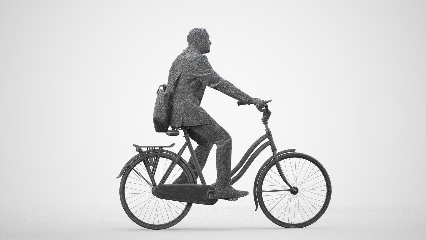 3D scanned man cycling business, photorealistic archviz people for Enscape and SketchUp, wireframe side view