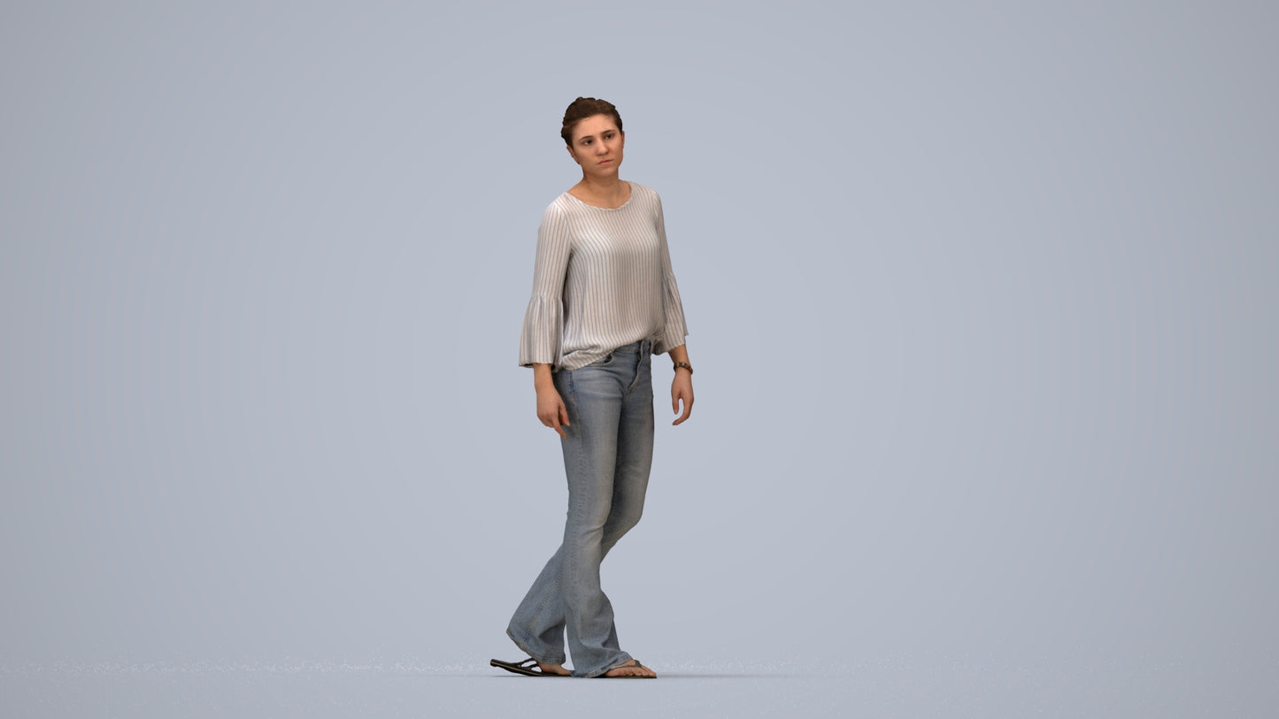 realistic 3D people woman casual walking, render-ready for V-Ray and Corona, FBX OBJ, top-down view render