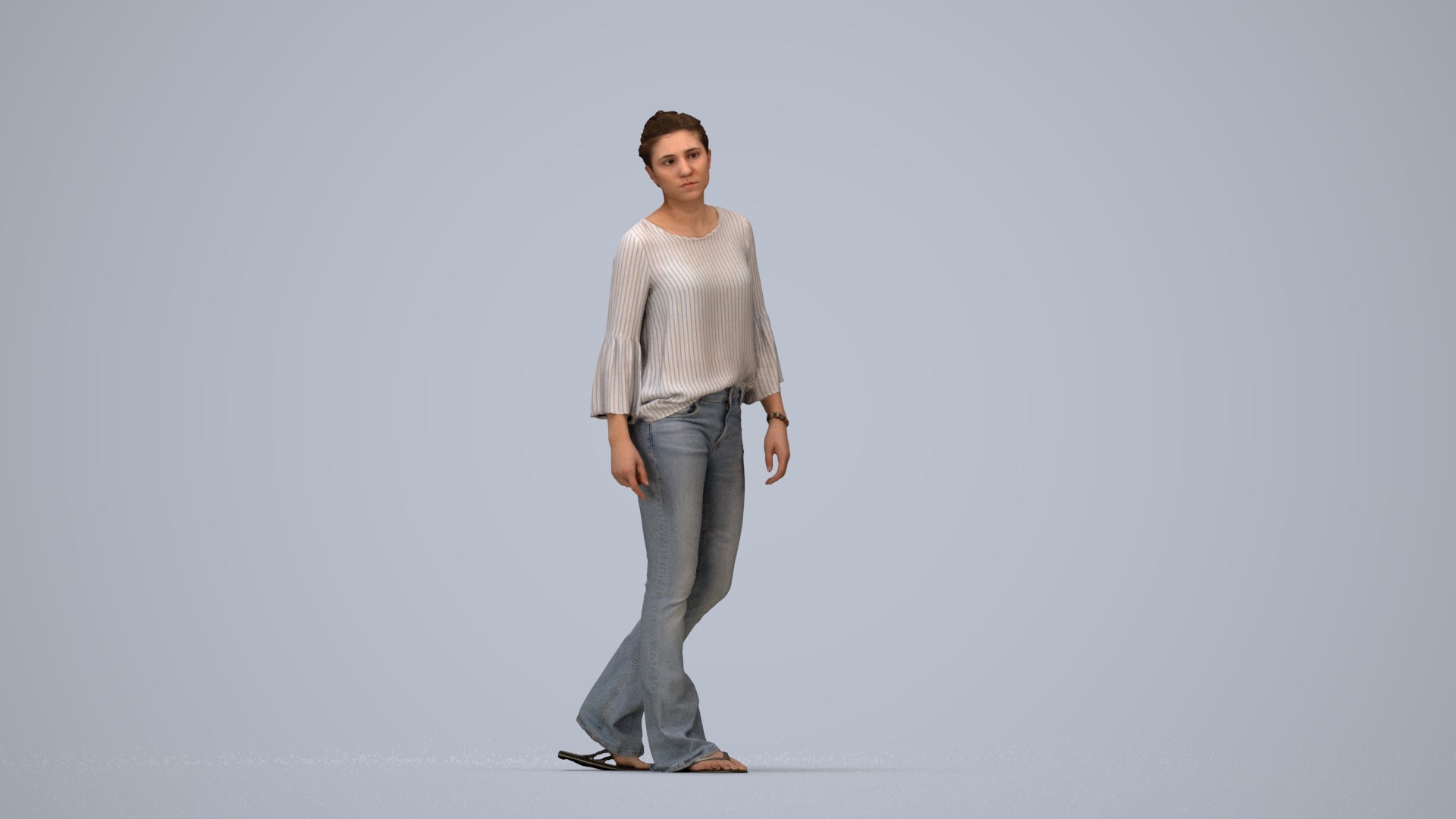 realistic 3D people woman casual walking, render-ready for V-Ray and Corona, FBX OBJ, top-down view render
