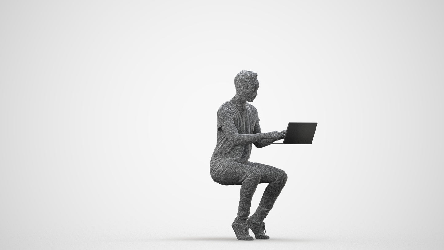 3D human model man casual business, photogrammetry scanned person for archviz, wireframe side view