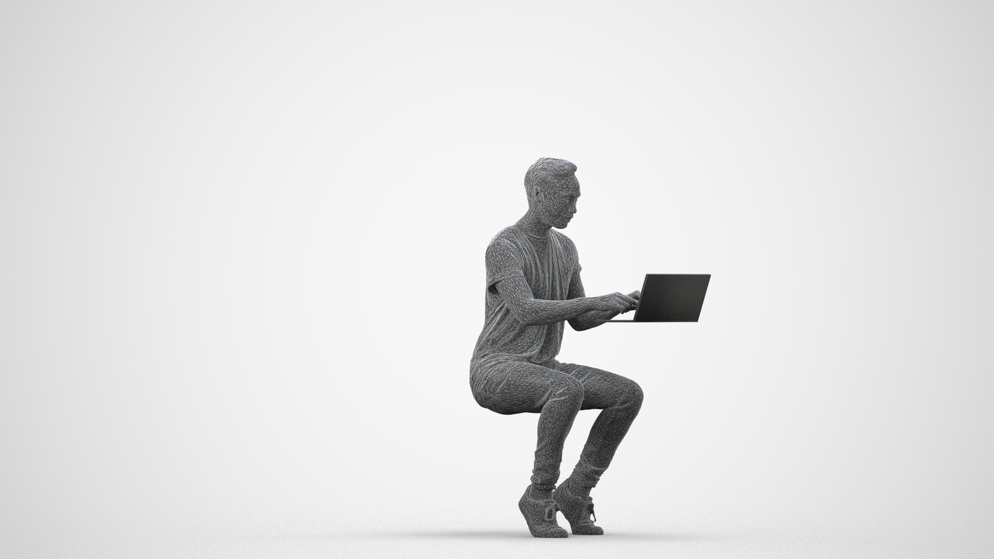 3D human model man casual business, photogrammetry scanned person for archviz, wireframe side view