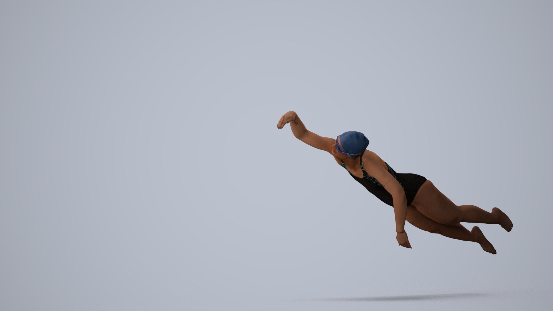 3D human model woman sport pool, photogrammetry scanned person for archviz, three-quarter view render