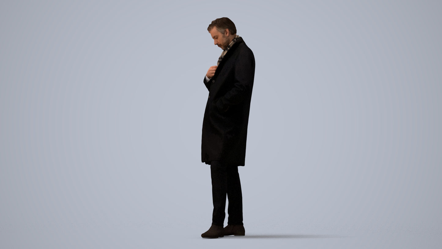 3D human model man standing, photogrammetry scanned person for archviz, three-quarter view render