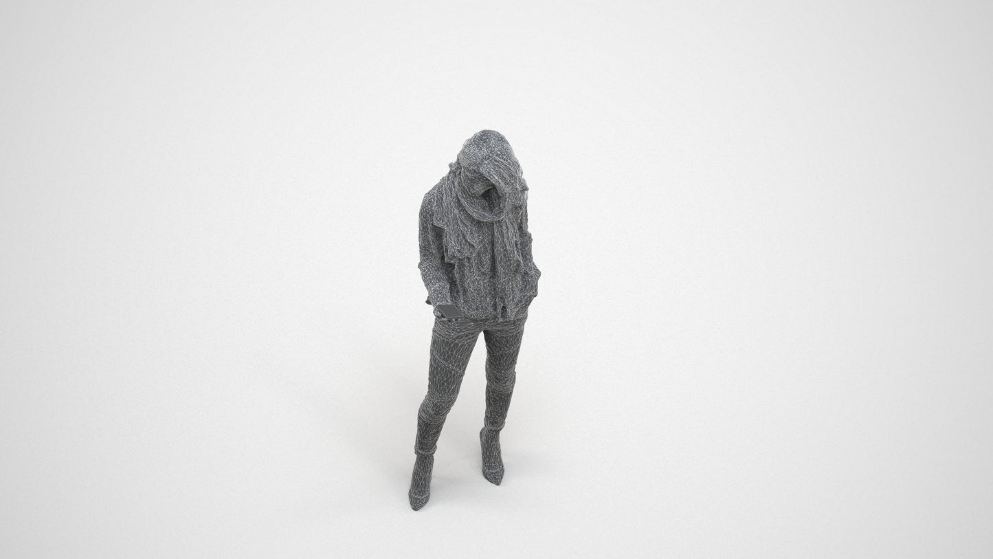 3D scanned woman standing casual, photorealistic archviz people for Enscape and SketchUp, wireframe three-quarter view