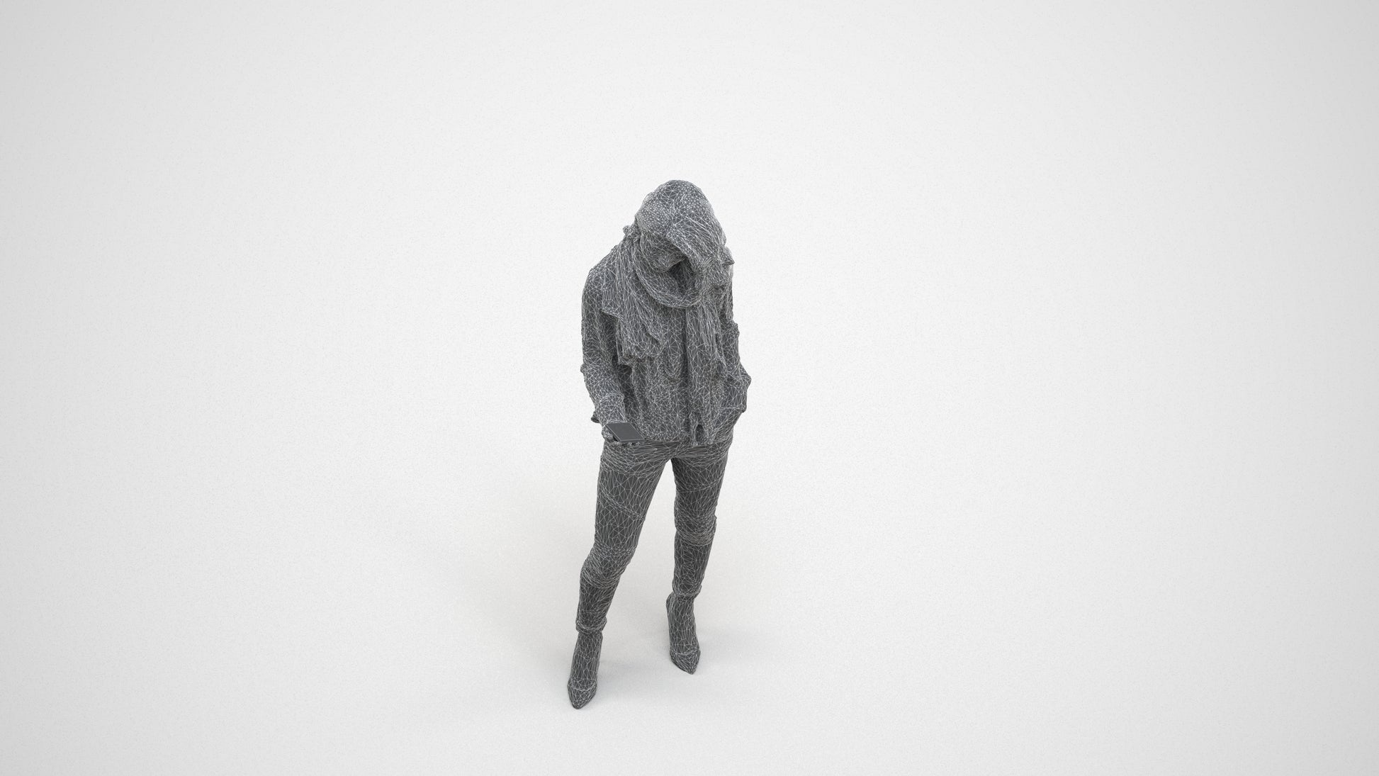 3D scanned woman standing casual, photorealistic archviz people for Enscape and SketchUp, wireframe three-quarter view