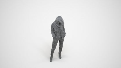 3D scanned woman standing casual, photorealistic archviz people for Enscape and SketchUp, wireframe three-quarter view