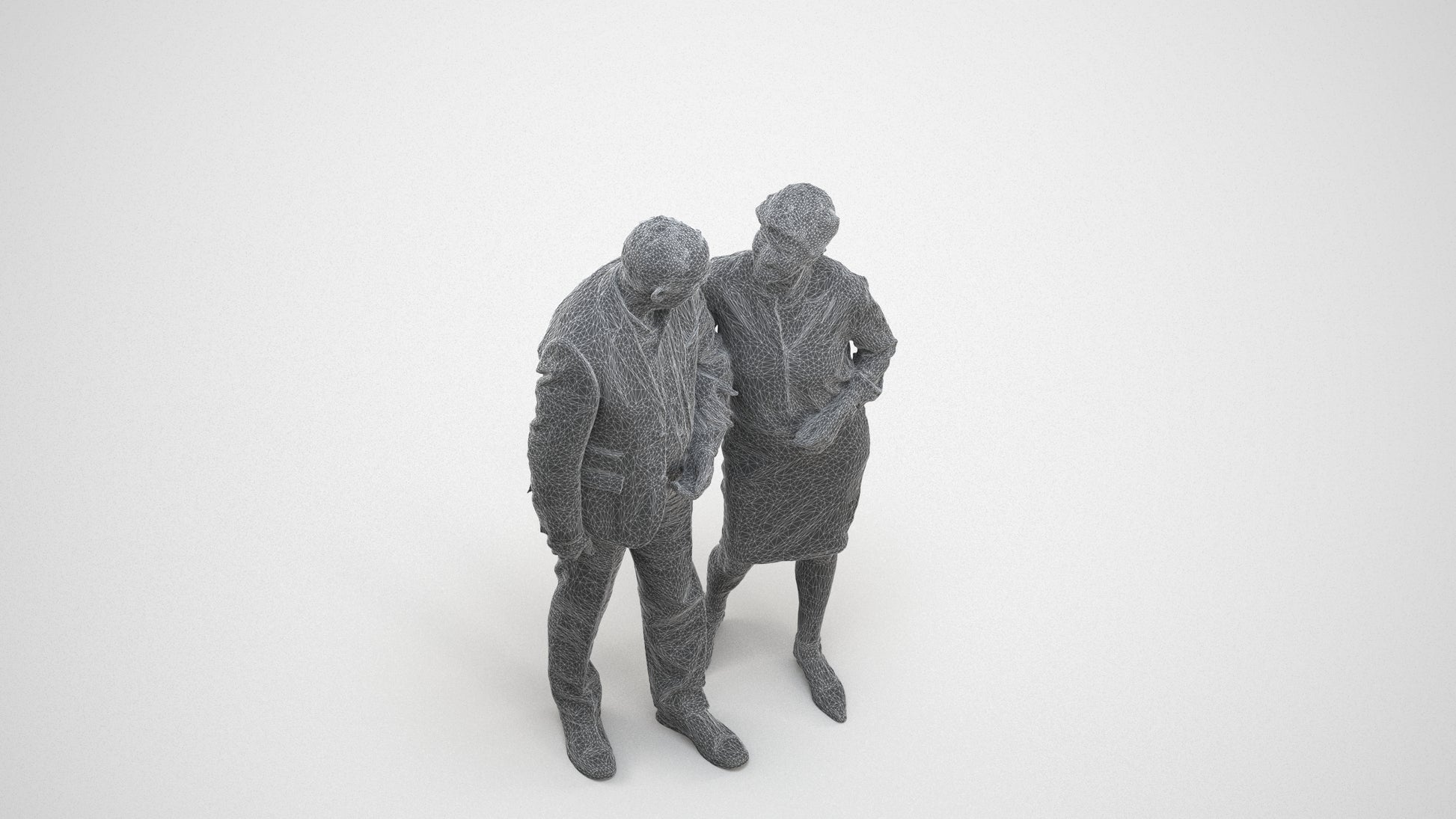realistic 3D human senior woman business couple, archviz people FBX OBJ for Blender, wireframe three-quarter view