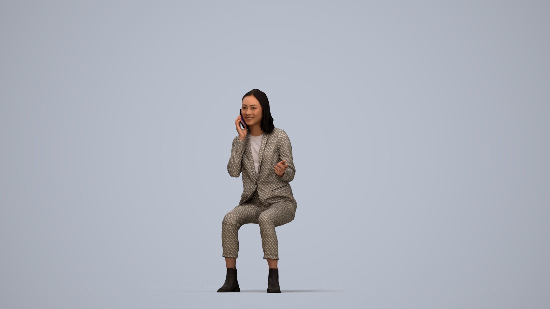 3D human model woman business, photogrammetry scanned person for archviz, top-down view render