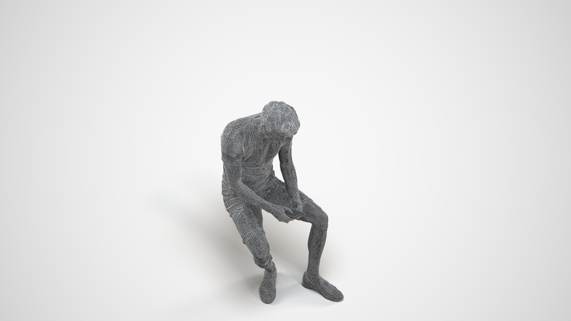 realistic 3D man casual sitting, scanned archviz people for Blender and 3ds Max, wireframe three-quarter view